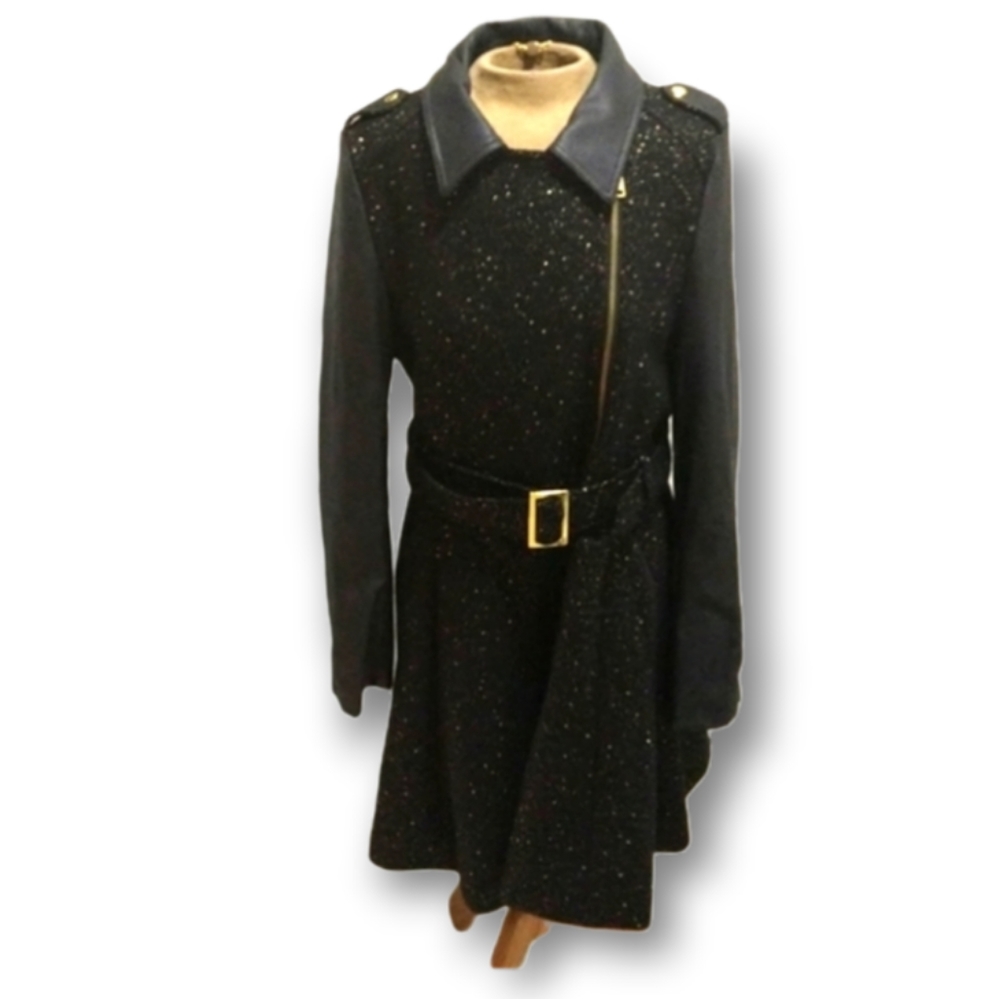 Bebe Wool Blend & Vegan Leather Longline Belted Jacket